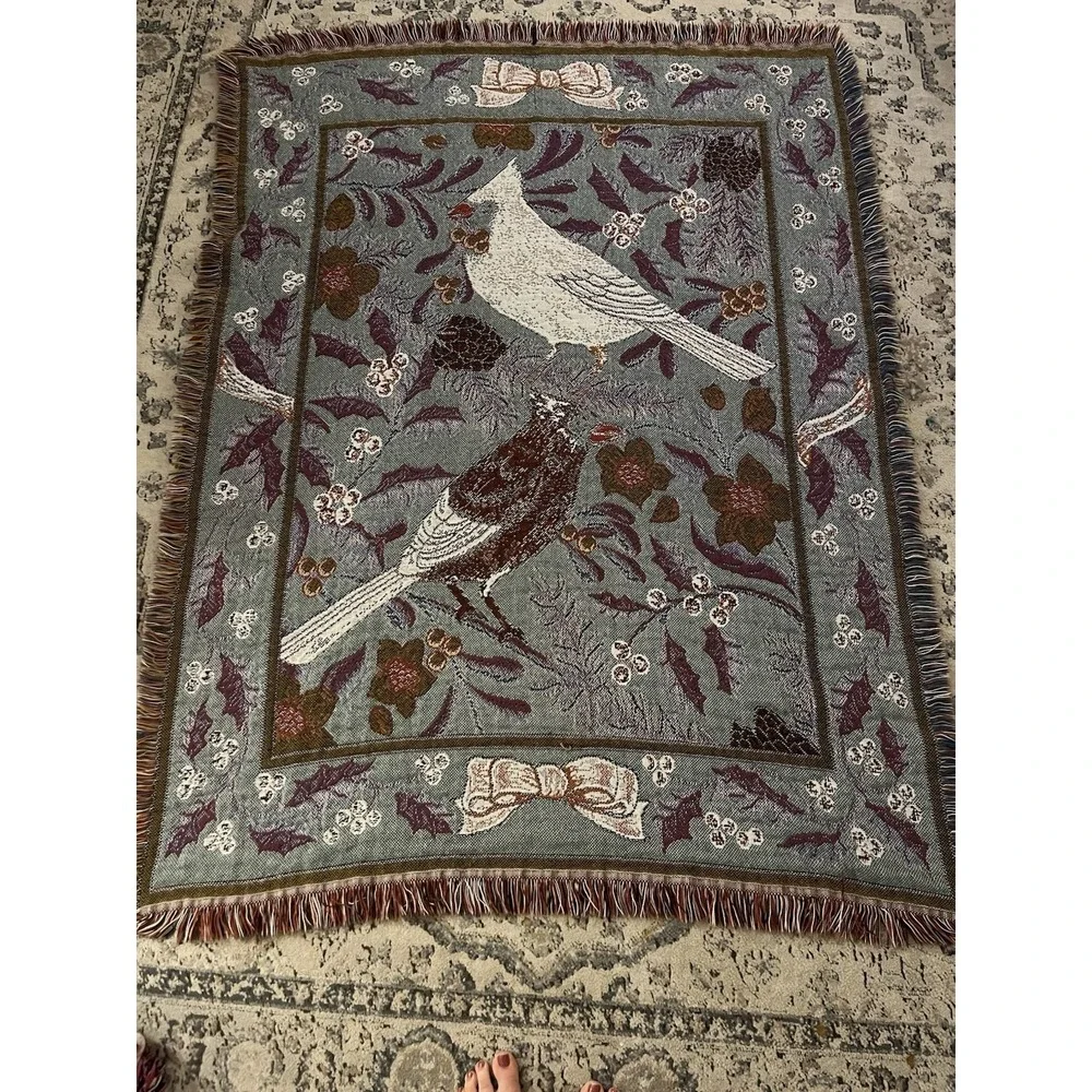 VTG Red Cardinal Holly Woven Tapestry Throw Blanket Jacquard Fringe Christmas